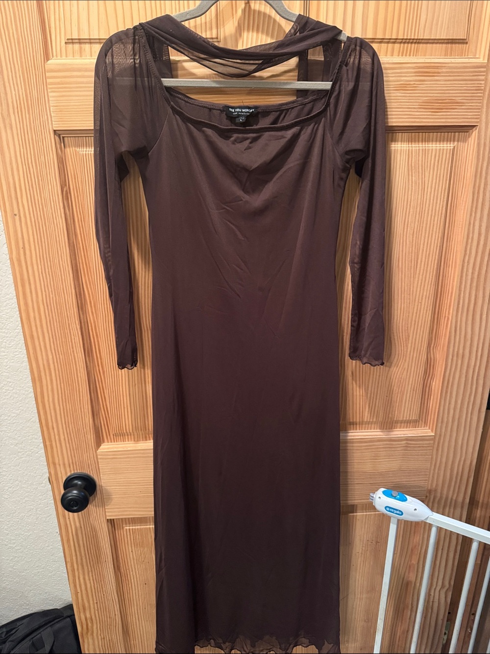See You Monday Brown Long Sleeve Mesh Accent Maxi Dress